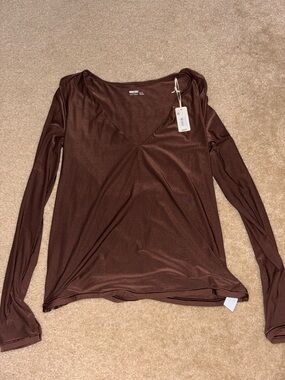 aerie Chocolate Brown Long Sleeve V-Neck Top